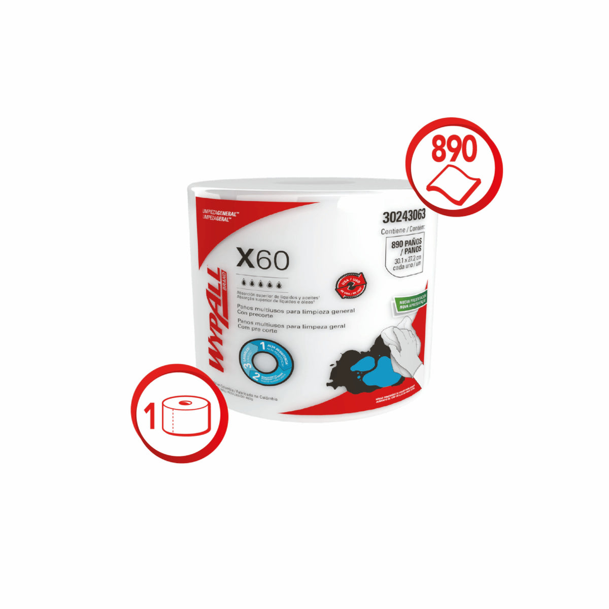 Paño de Limpieza WyPall X-60 Rollo de 890 Pañitos