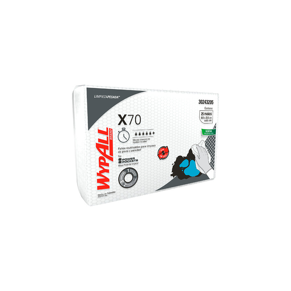 Paños WypAll® Paños de limpieza X70 Doblados con Power Pockets, (12 paquetes x 25 paños, 300 en total)